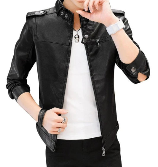 Faux Leather Motorcycle Jacket with Stand Collar for Men