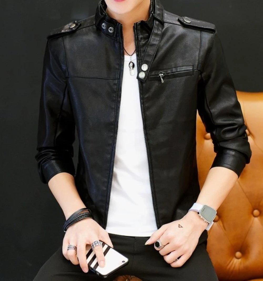 Faux Leather Motorcycle Jacket with Stand Collar for Men