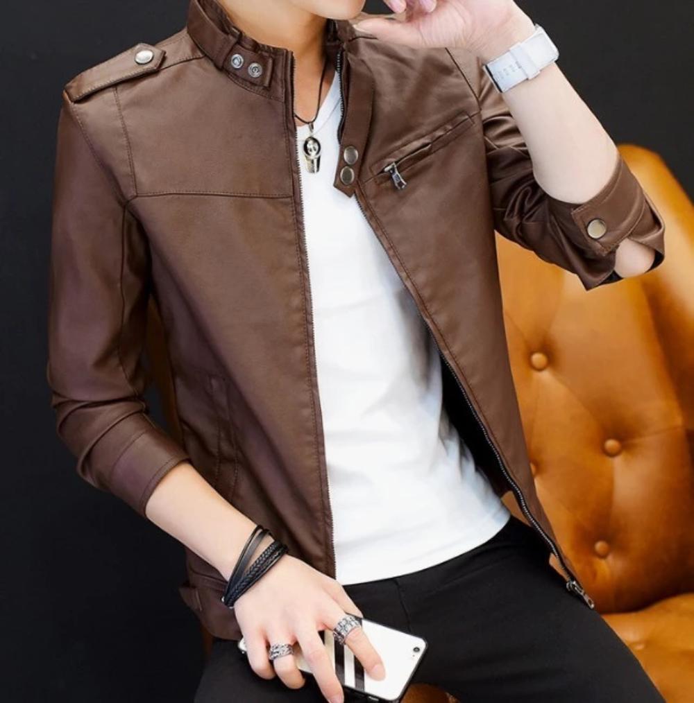 Faux Leather Motorcycle Jacket with Stand Collar for Men