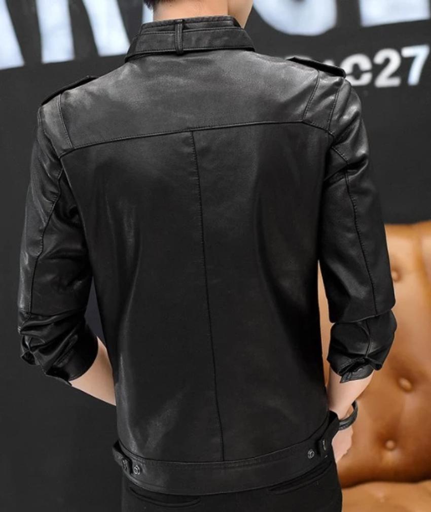 Faux Leather Motorcycle Jacket with Stand Collar for Men