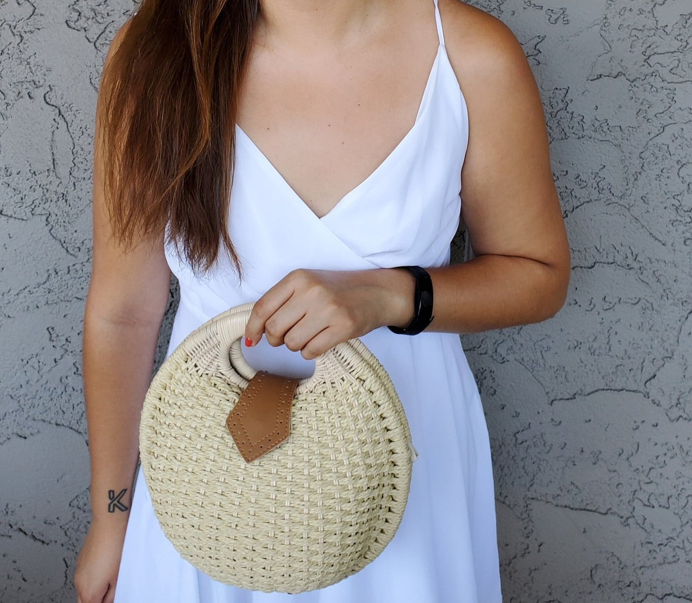 Round-Shaped Wicker Handbag with a Top Handle