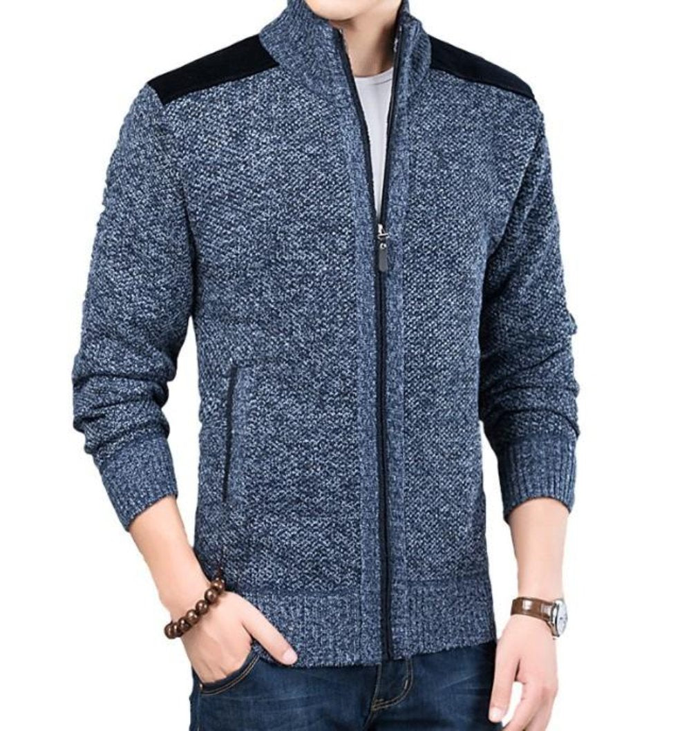 Men's Cardigan with Elbow Patch and Zipper Closure