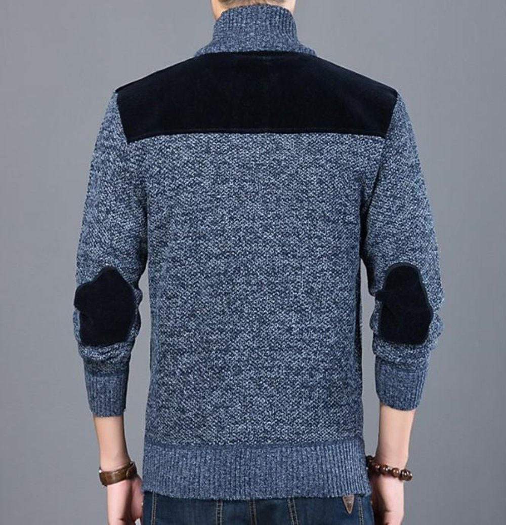 Blue Cardigan for Men with Zip Closure and Elbow Detailing
