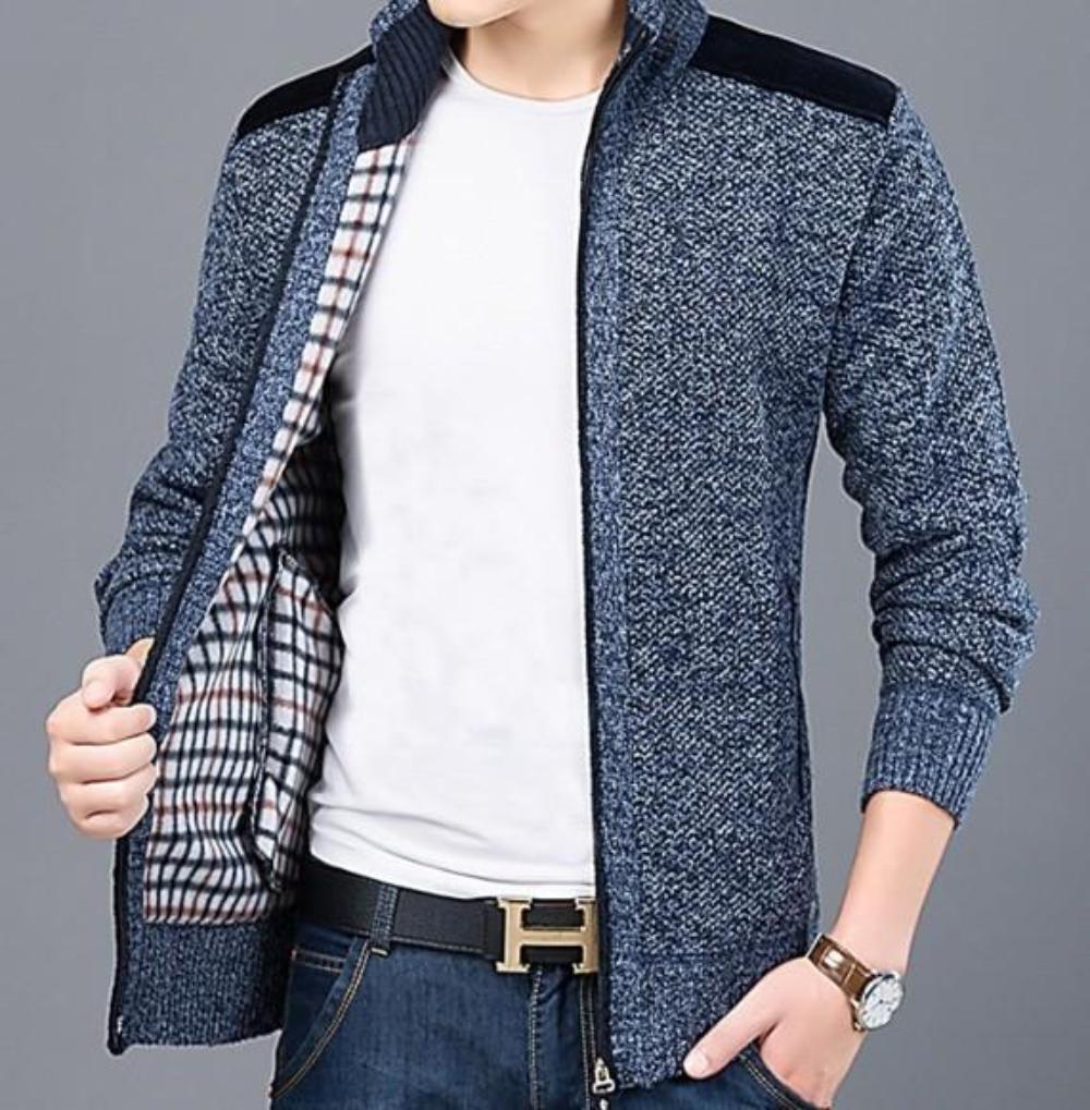 Blue Cardigan for Men with Zip Closure and Elbow Detailing