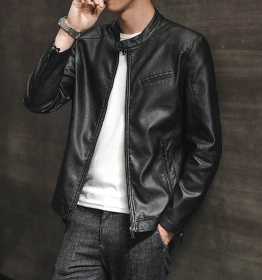 Vegan Leather Biker Jacket with Round Neck Zipper for Men