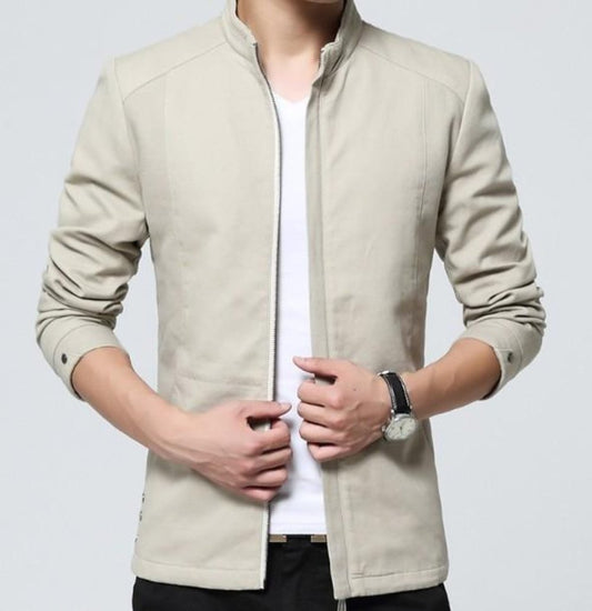 Beige Zippered Jacket for Men with Slim Fit