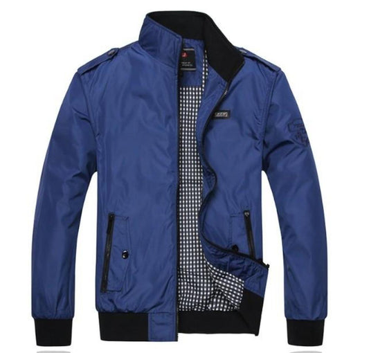 Blue Zip-Up Stand Collar Jacket for Men