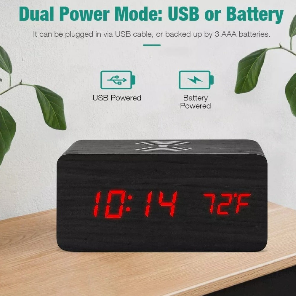 Digital Alarm Clock with Wireless Phone Charging Pad made of Wood