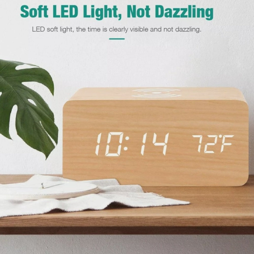 Digital Alarm Clock with Wireless Phone Charging Pad made of Wood