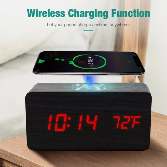 Digital Alarm Clock with Wireless Phone Charging Pad made of Wood