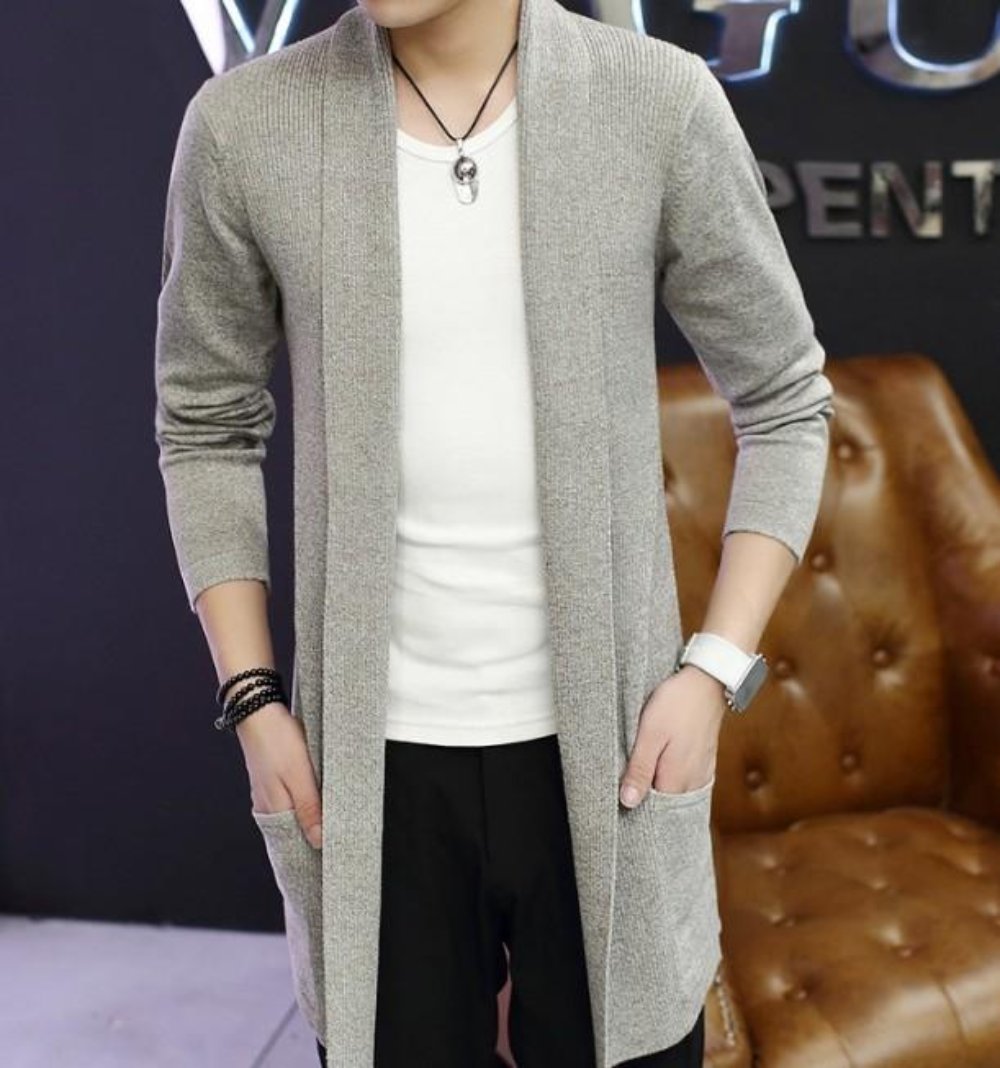 Gray Mid Length Shawl Collar Cardigan for Men