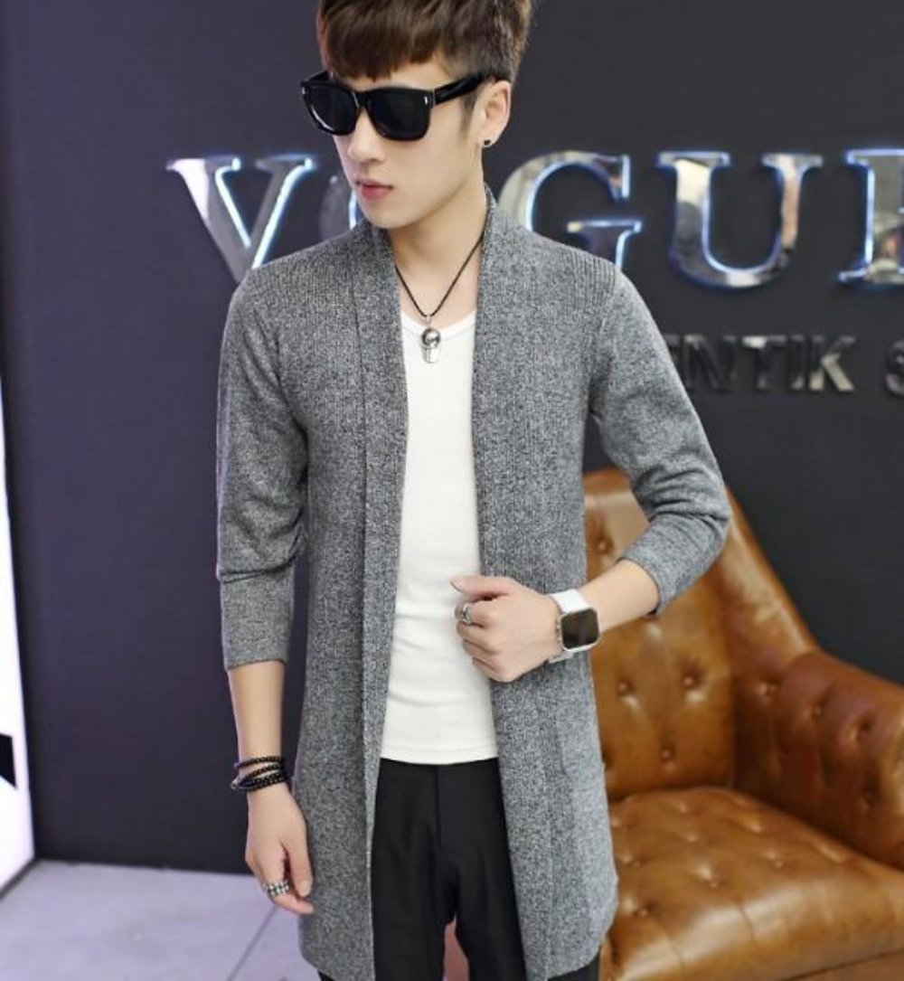 Gray Mid Length Shawl Collar Cardigan for Men