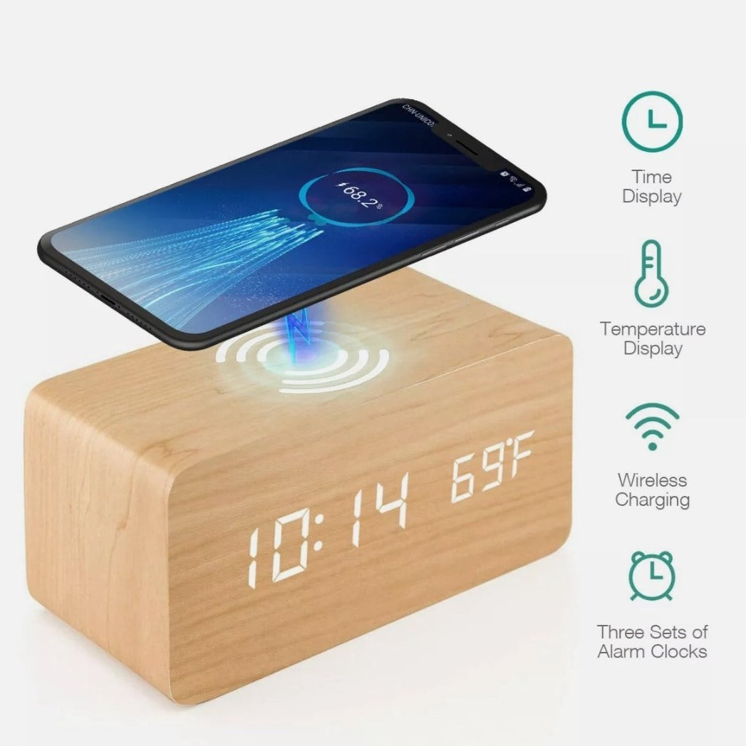 Digital Alarm Clock with Wireless Phone Charging Pad made of Wood