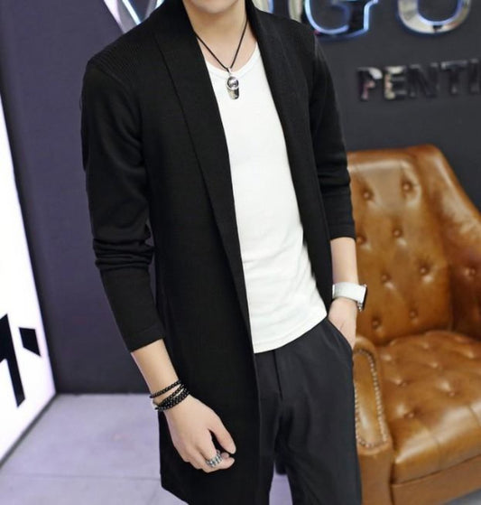 Black Shawl Collar Cardigan for Men with Mid Length