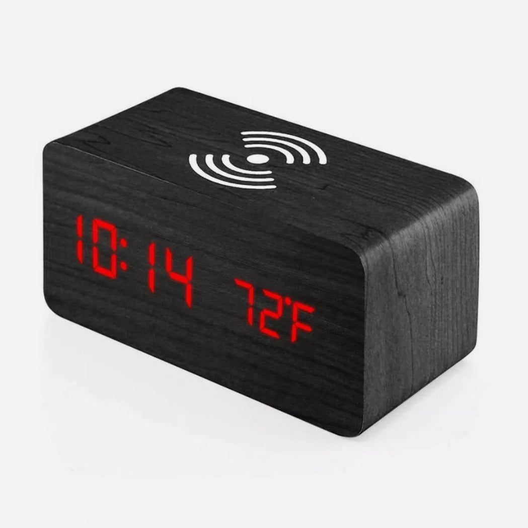 Digital Alarm Clock with Wireless Phone Charging Pad made of Wood