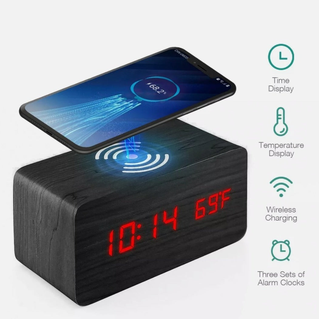 Digital Alarm Clock with Wireless Phone Charging Pad made of Wood