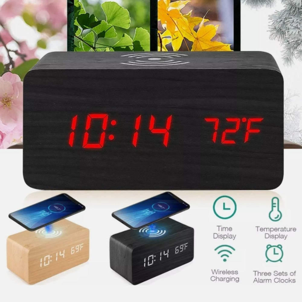 Digital Alarm Clock with Wireless Phone Charging Pad made of Wood