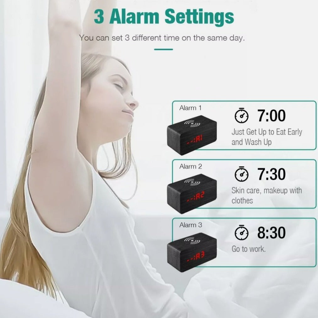 Digital Alarm Clock with Wireless Phone Charging Pad made of Wood