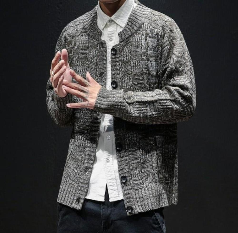 Khaki Button Front Crew Neck Men's Cardigan