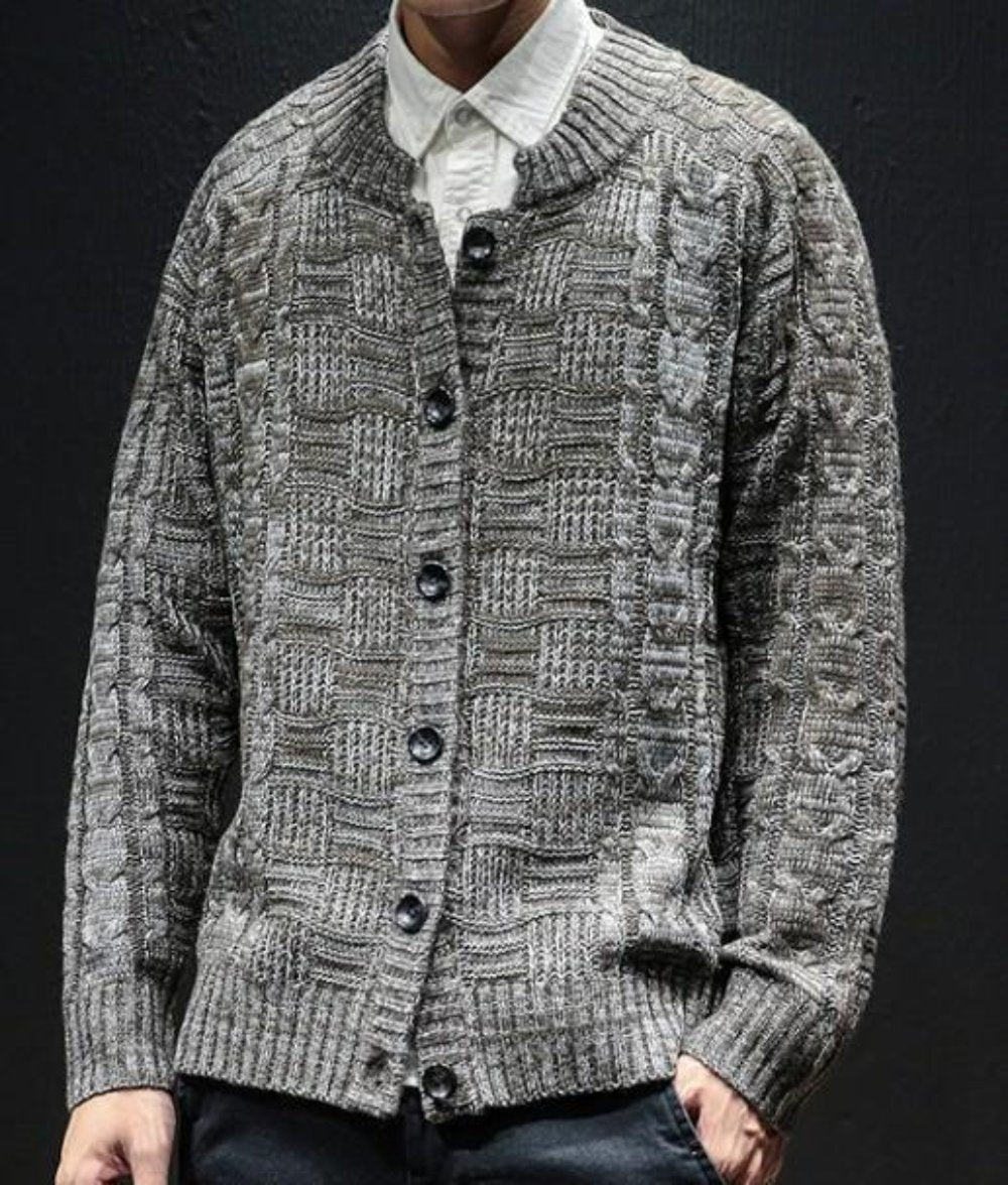 Khaki Button Front Crew Neck Men's Cardigan
