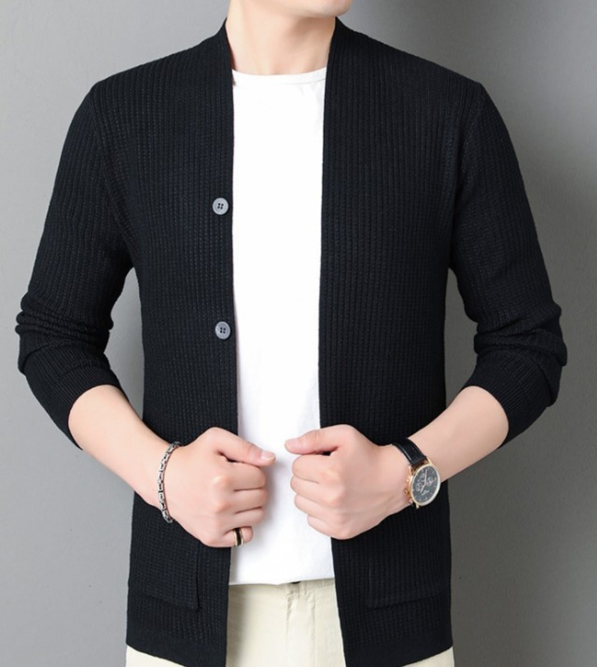 Faux Button Design Men's Casual Open Cardigan