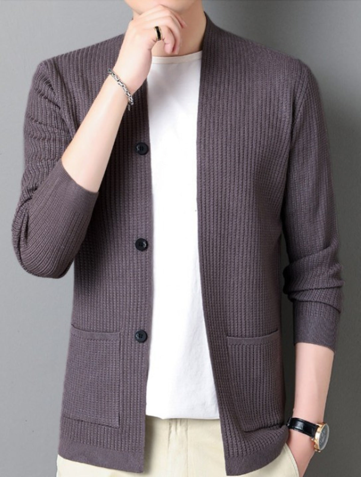 Faux Button Design Men's Casual Open Cardigan