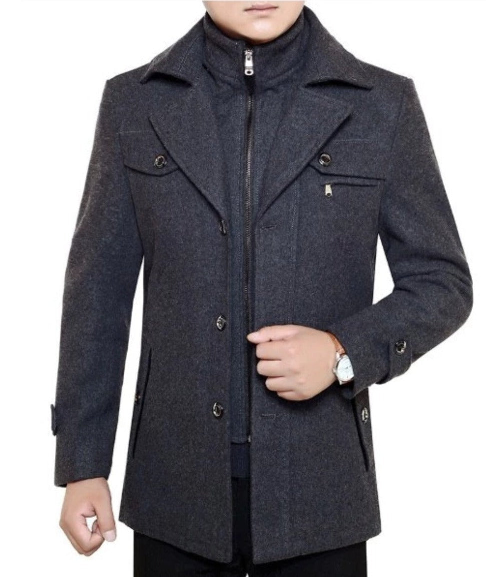 Military Style Men's Coat with Layered Collar and Button Front