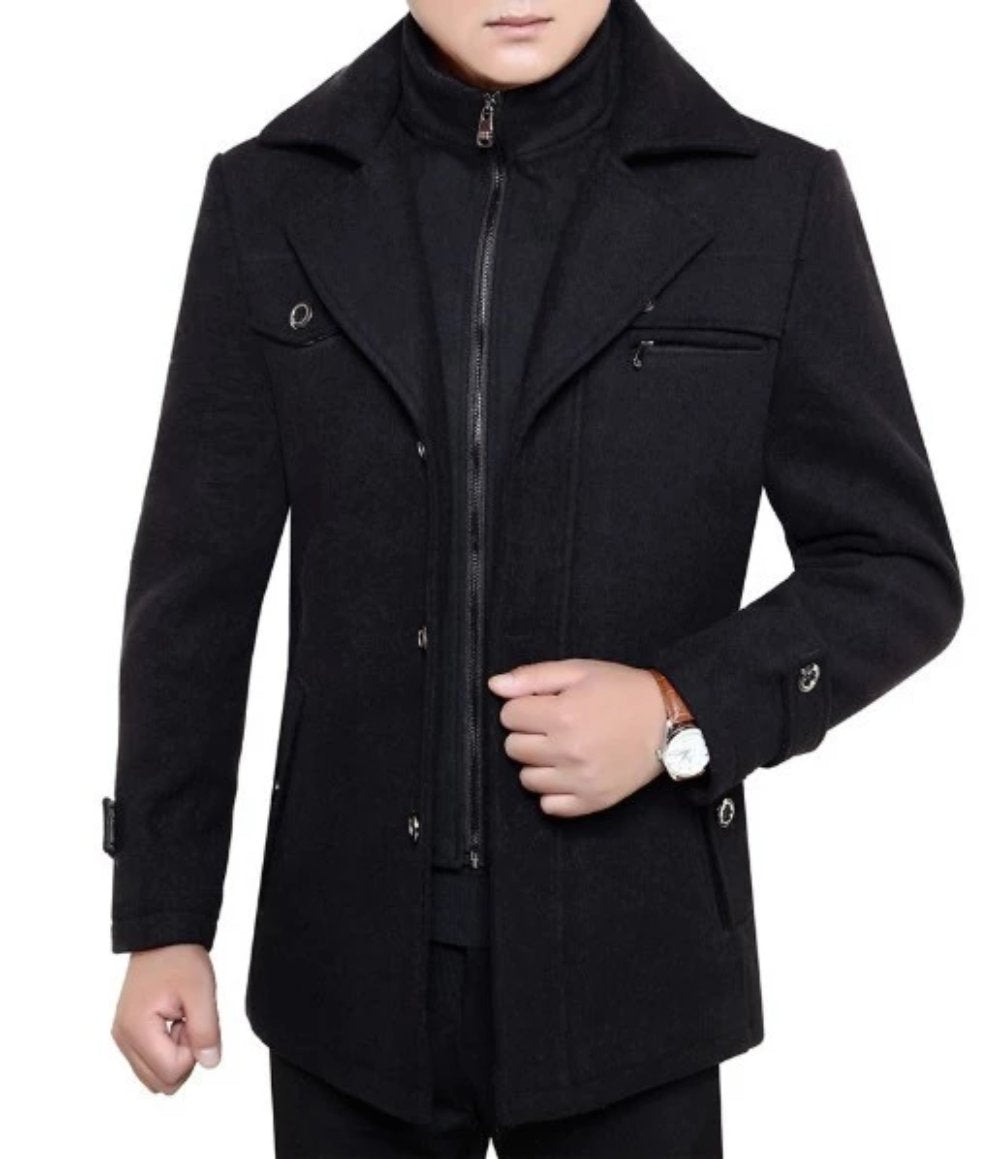 Military Style Men's Coat with Layered Collar and Button Front