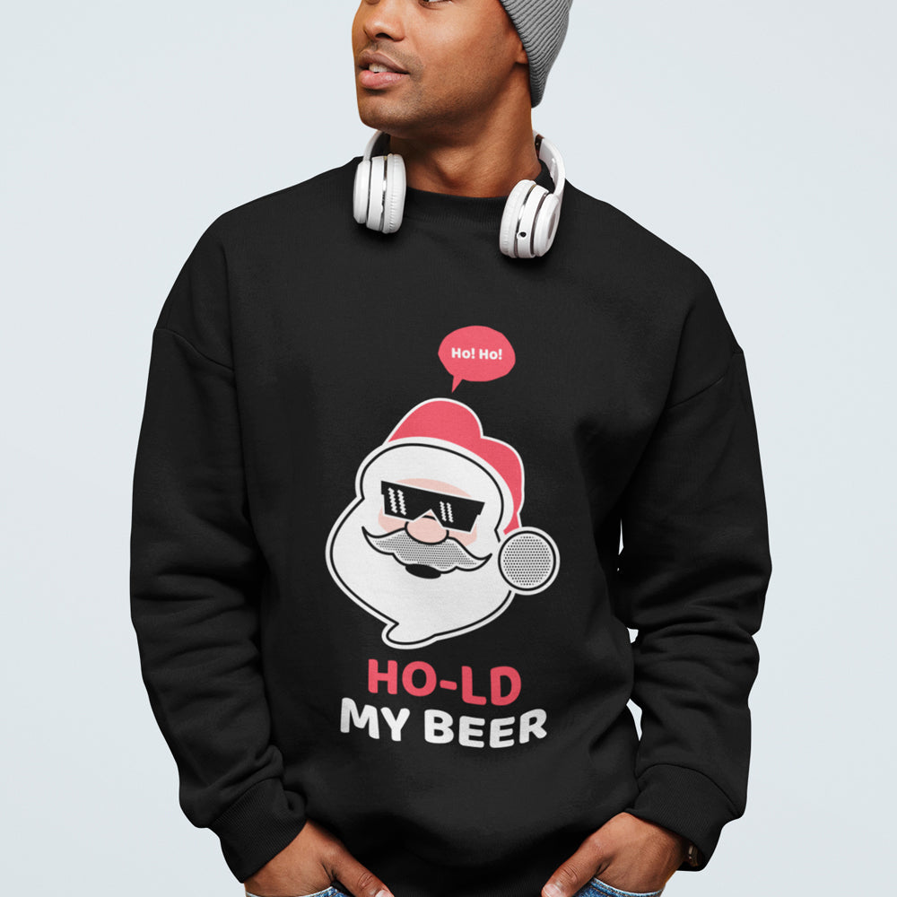 Men's Crewneck Sweatshirt featuring Santa Claus and Beer with Ho Ho Ho Print