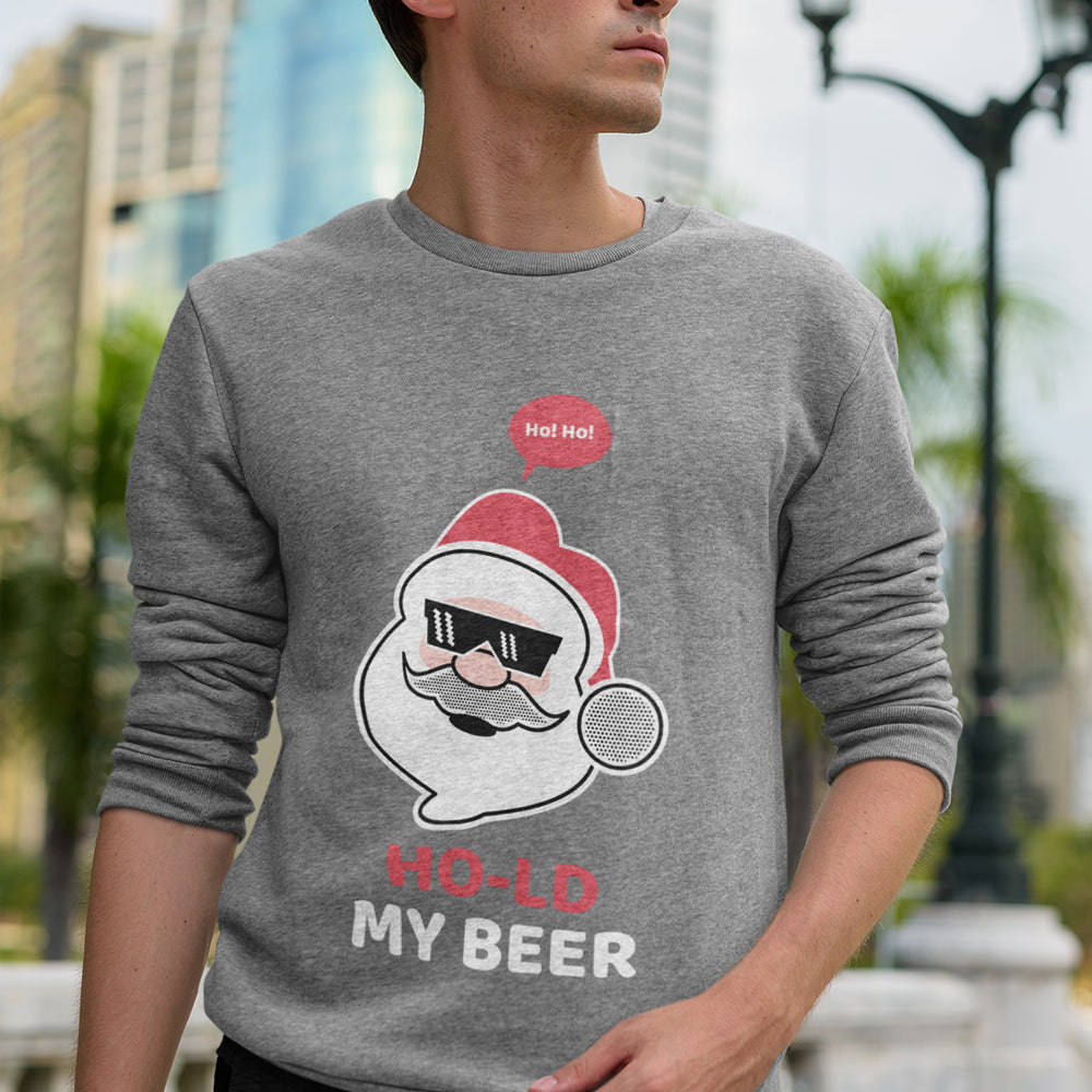 Men's Crewneck Sweatshirt featuring Santa Claus and Beer with Ho Ho Ho Print