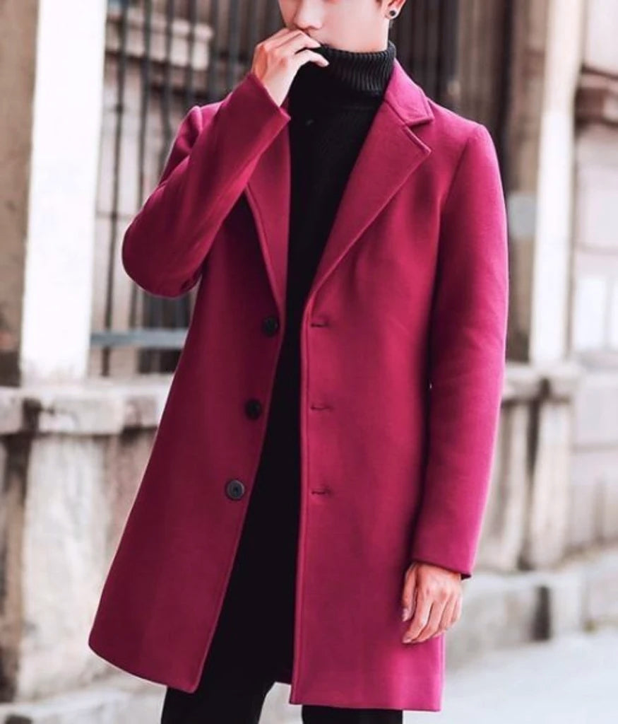 Black Mid-Length Slim Fit Men's Overcoat