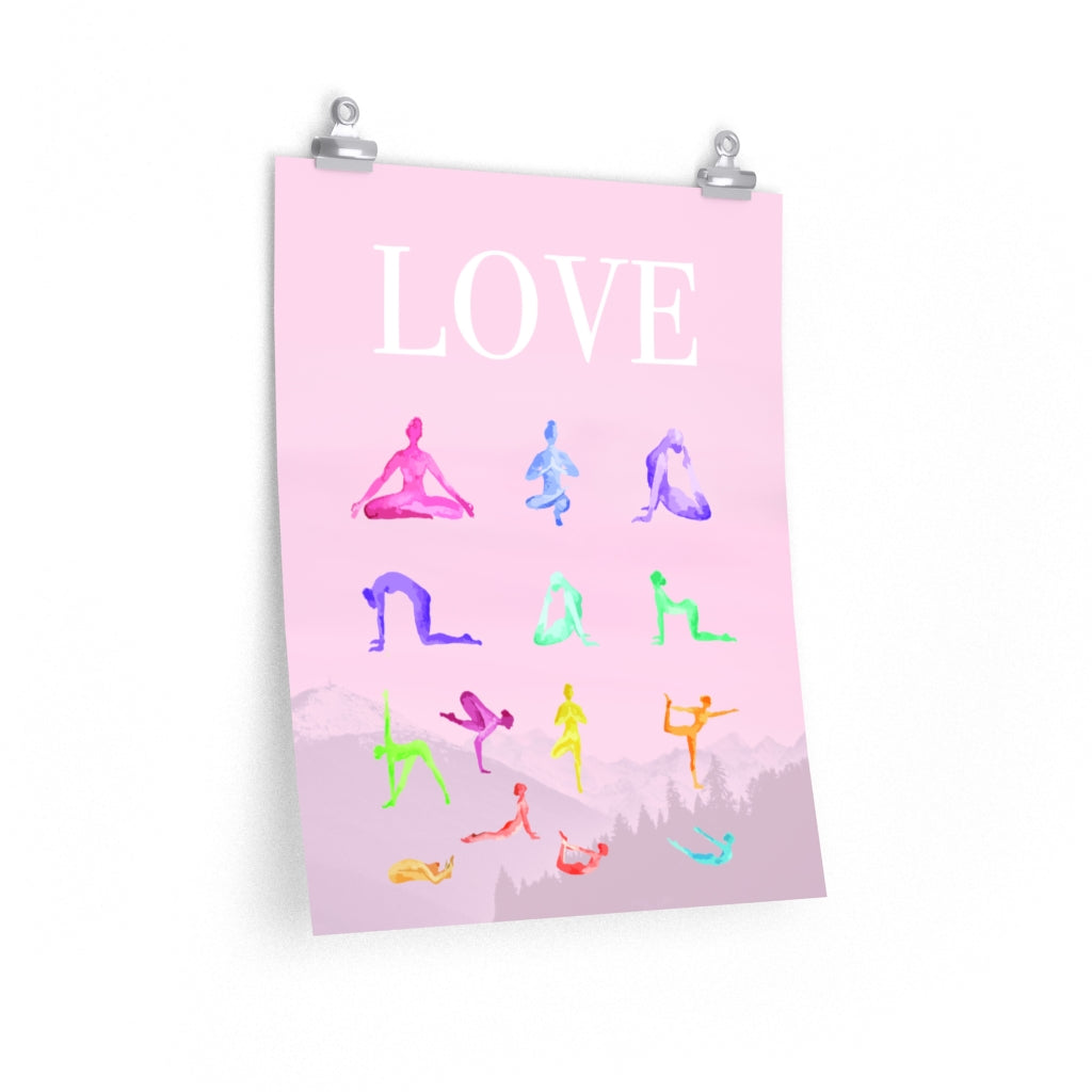 Premium Matte Poster Featuring 14 Yoga Poses for a Mindful Practice of Love