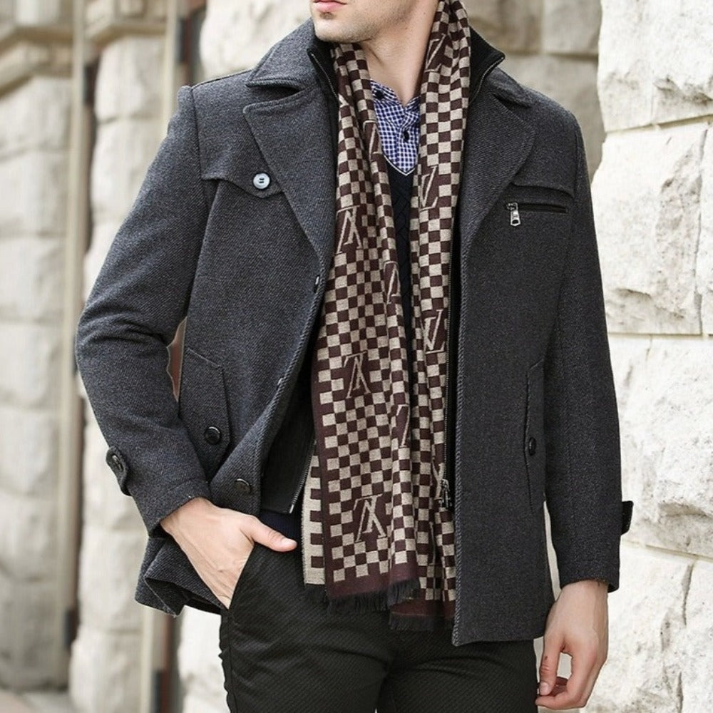 Military Style Men's Coat with Layered Collar and Button Front