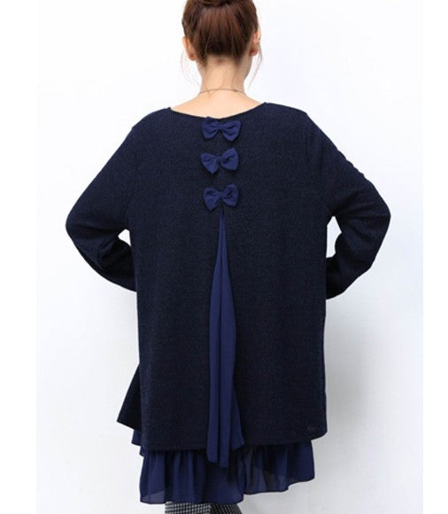 Navy Blue Layered Sweater Tunic Dress with Ruffle Detail for Women
