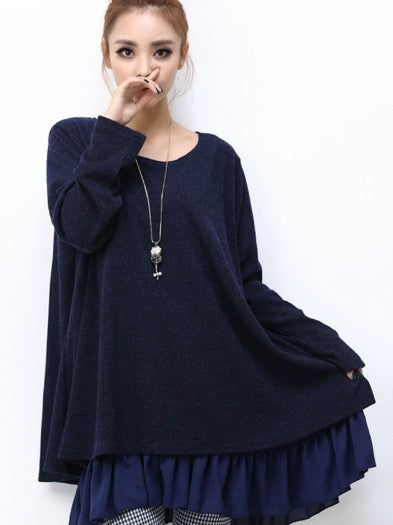 Navy Blue Layered Sweater Tunic Dress with Ruffle Detail for Women