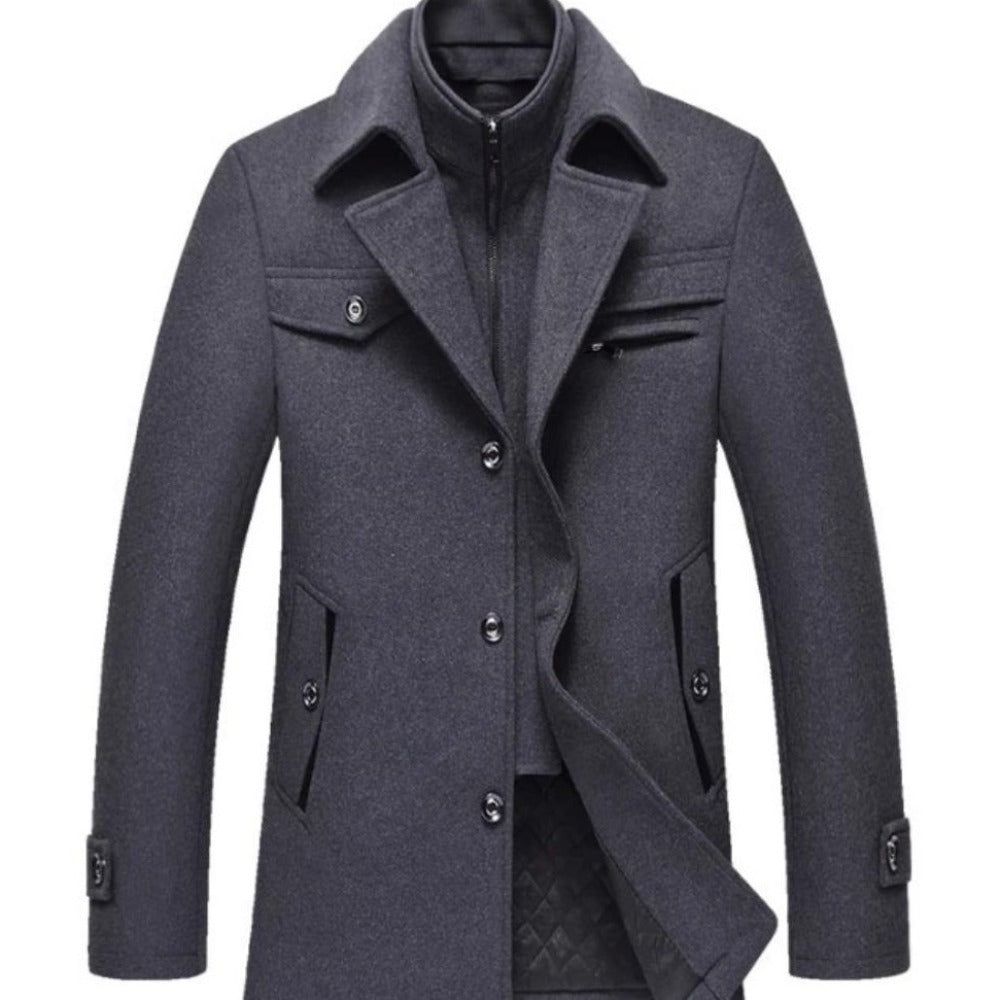 Military Style Men's Coat with Layered Collar and Button Front