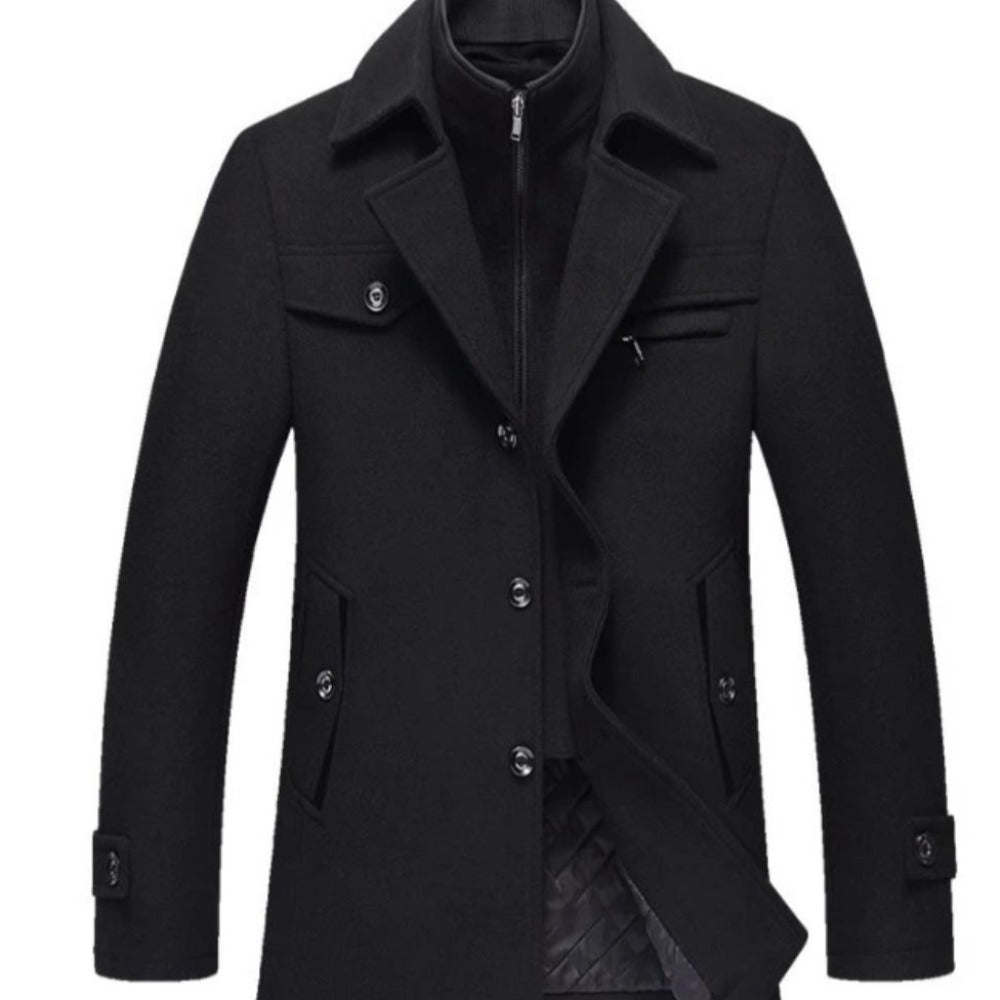 Military Style Men's Coat with Layered Collar and Button Front