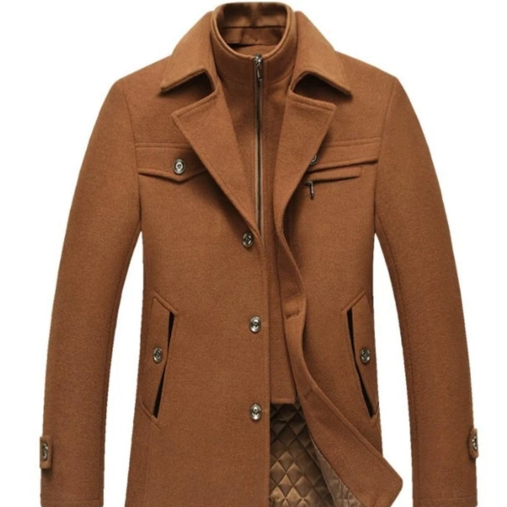 Military Style Men's Coat with Layered Collar and Button Front