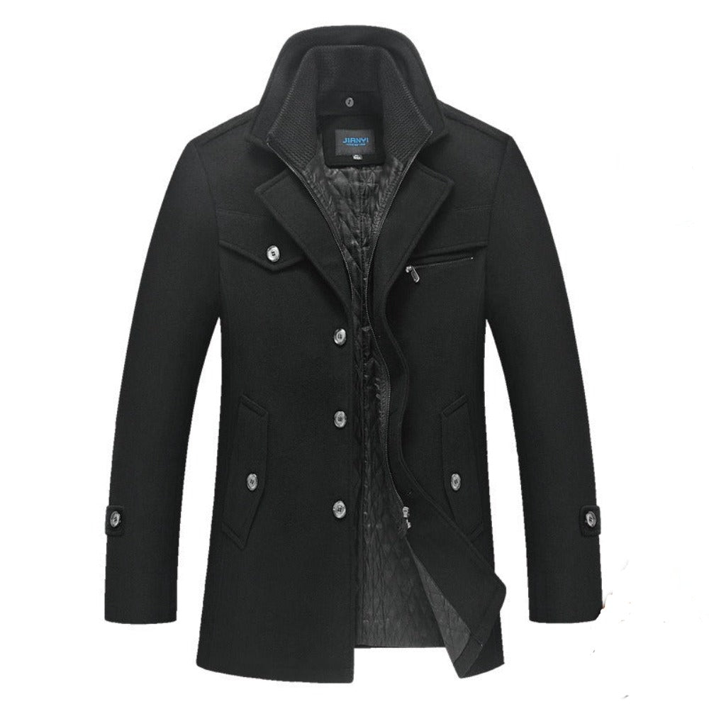 Military Style Men's Coat with Layered Collar and Button Front