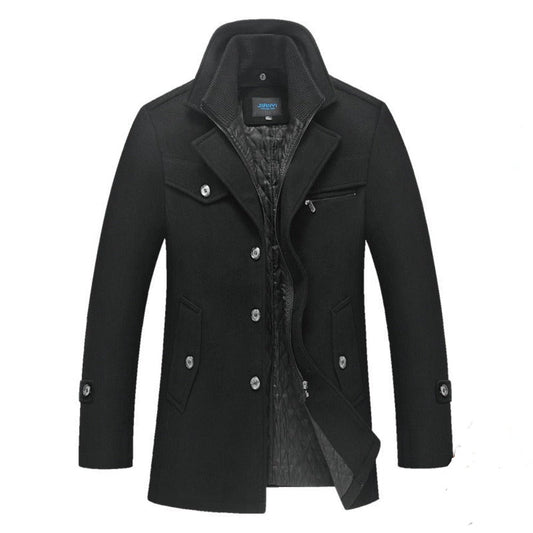 Military Style Men's Coat with Layered Collar and Button Front