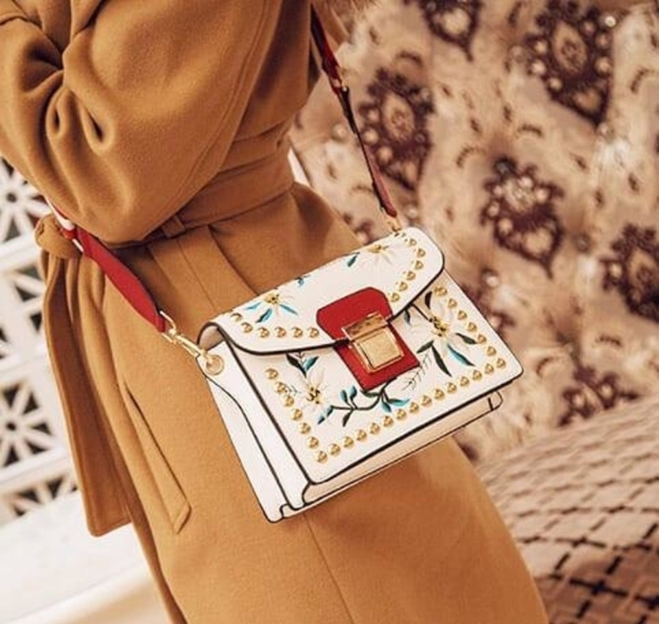Compact Stitched Faux Leather Shoulder Purse