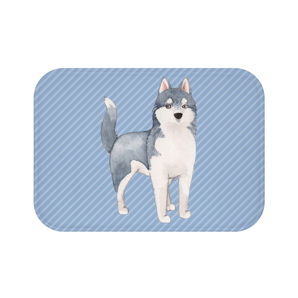 Blue Bath Mat with Siberian Husky Design