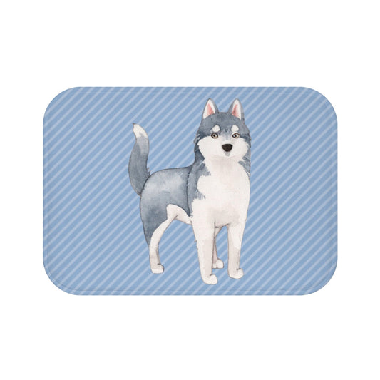 Blue Bath Mat with Siberian Husky Design
