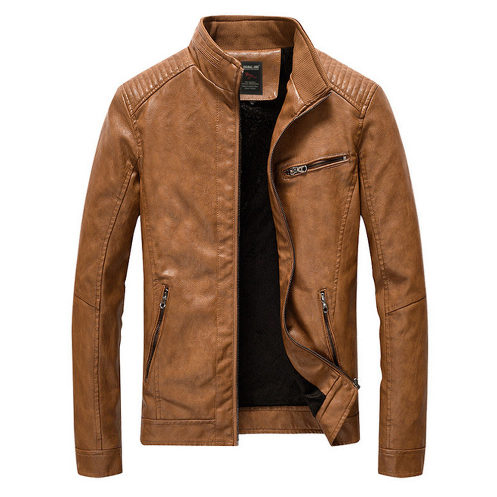 Motorcycle Vegan Leather Jacket with Stand Collar for Men