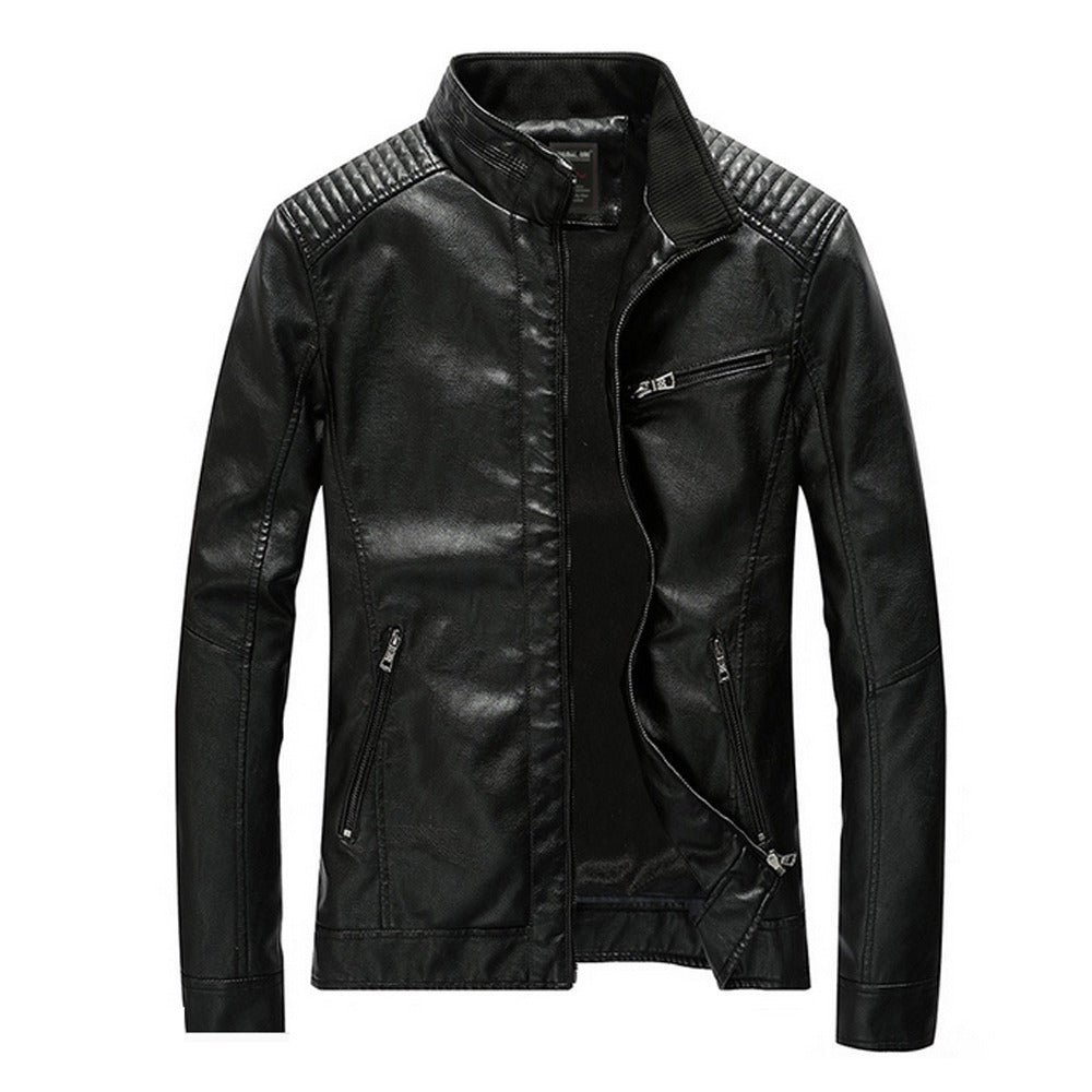 Motorcycle Vegan Leather Jacket with Stand Collar for Men