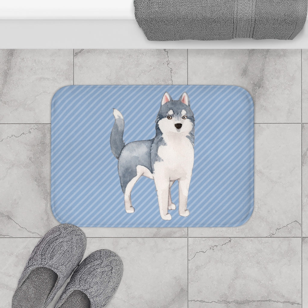 Blue Bath Mat with Siberian Husky Design