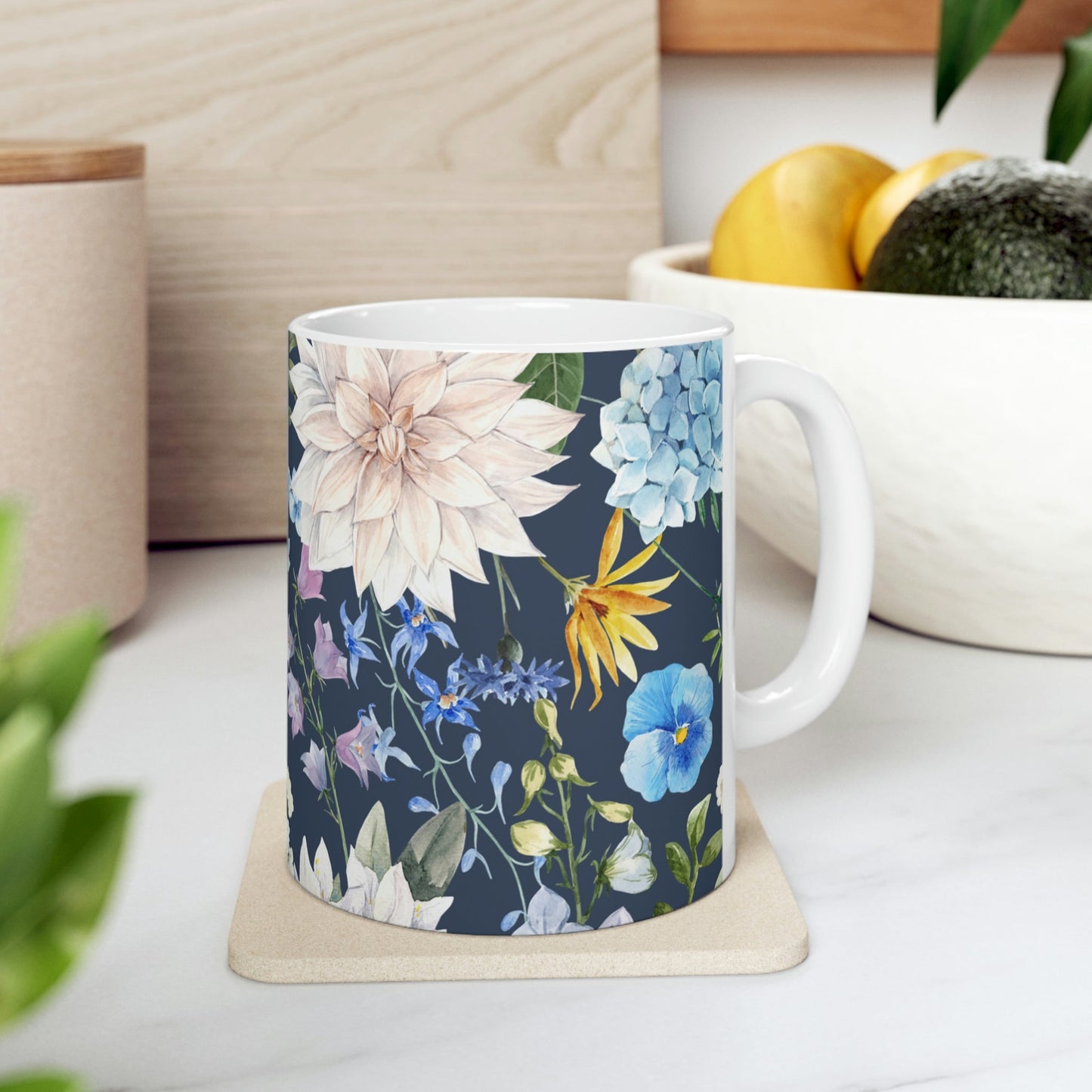 Floral Navy Mug for Coffee and Tea