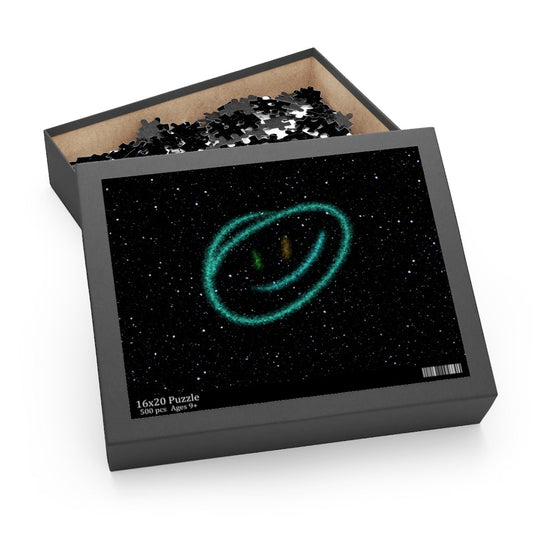 500-Piece Puzzle Featuring a Grinning Face Amidst the Stars and Planets