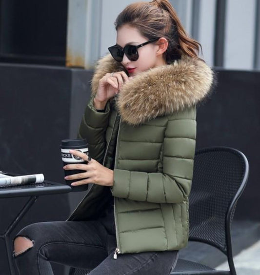 Army Green Slim Fit Hooded Zip Up Winter Short Coat for Women