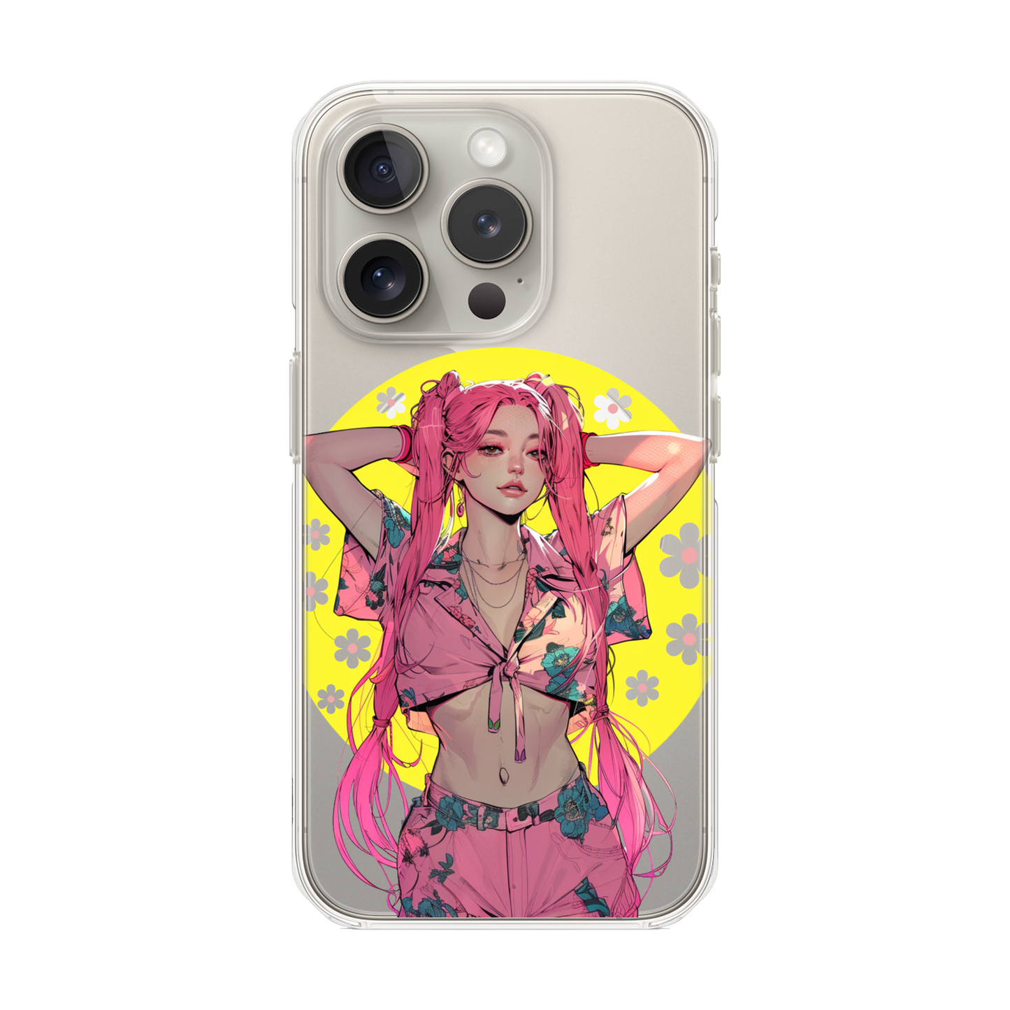 Magnetic Clear Case for iPhone with a Pink-Haired Anime Girl Design